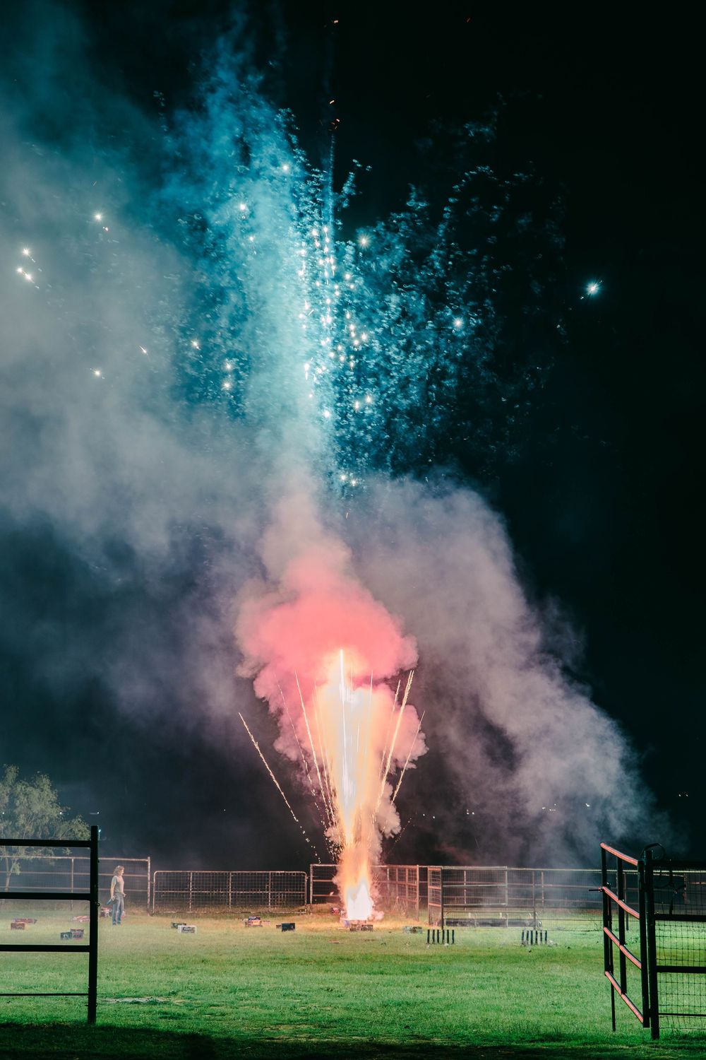 Spectacular fireworks display illuminating a dark field with blue and pink sparkles.