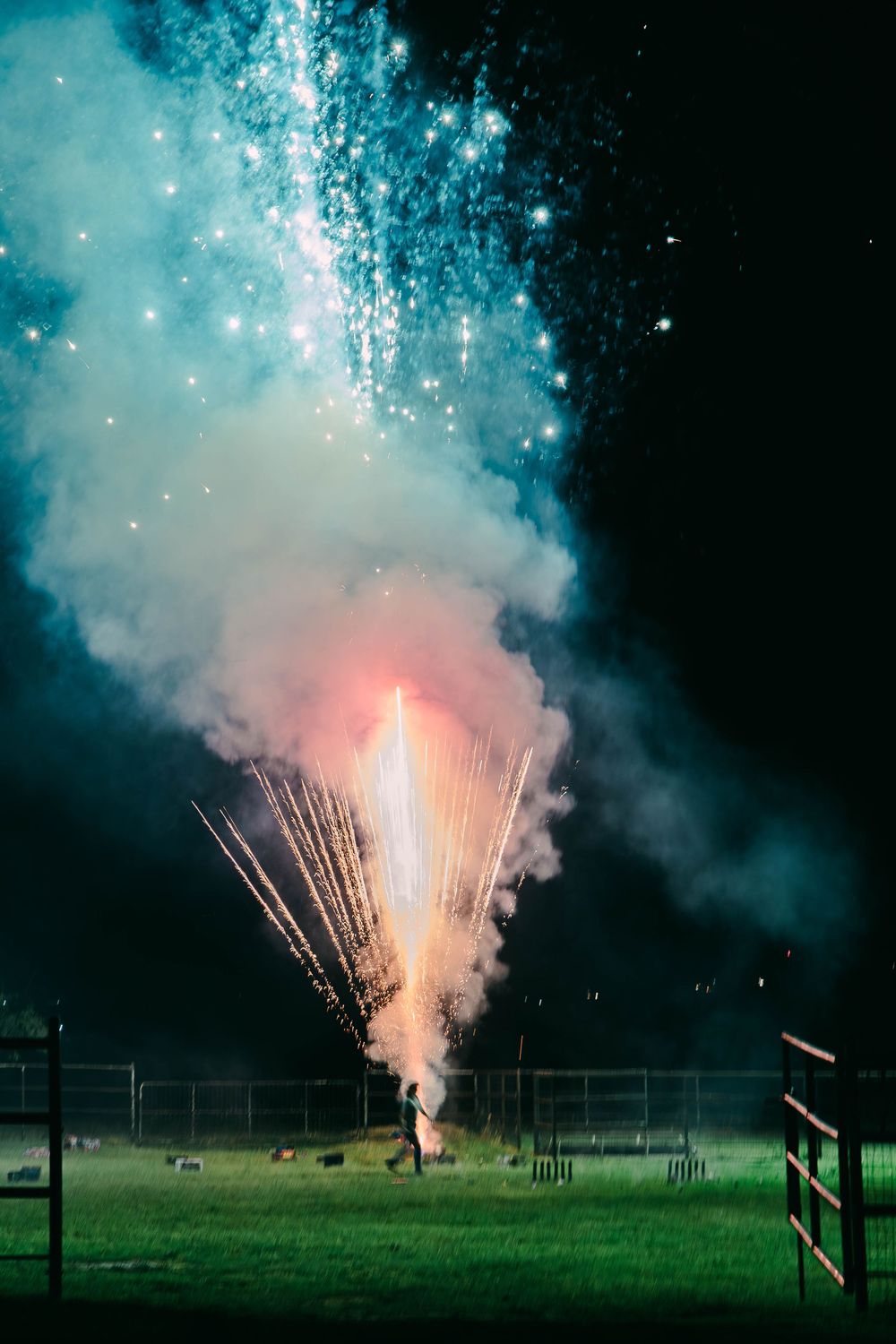 Blue and pink fireworks exploding over a grassy field at night.