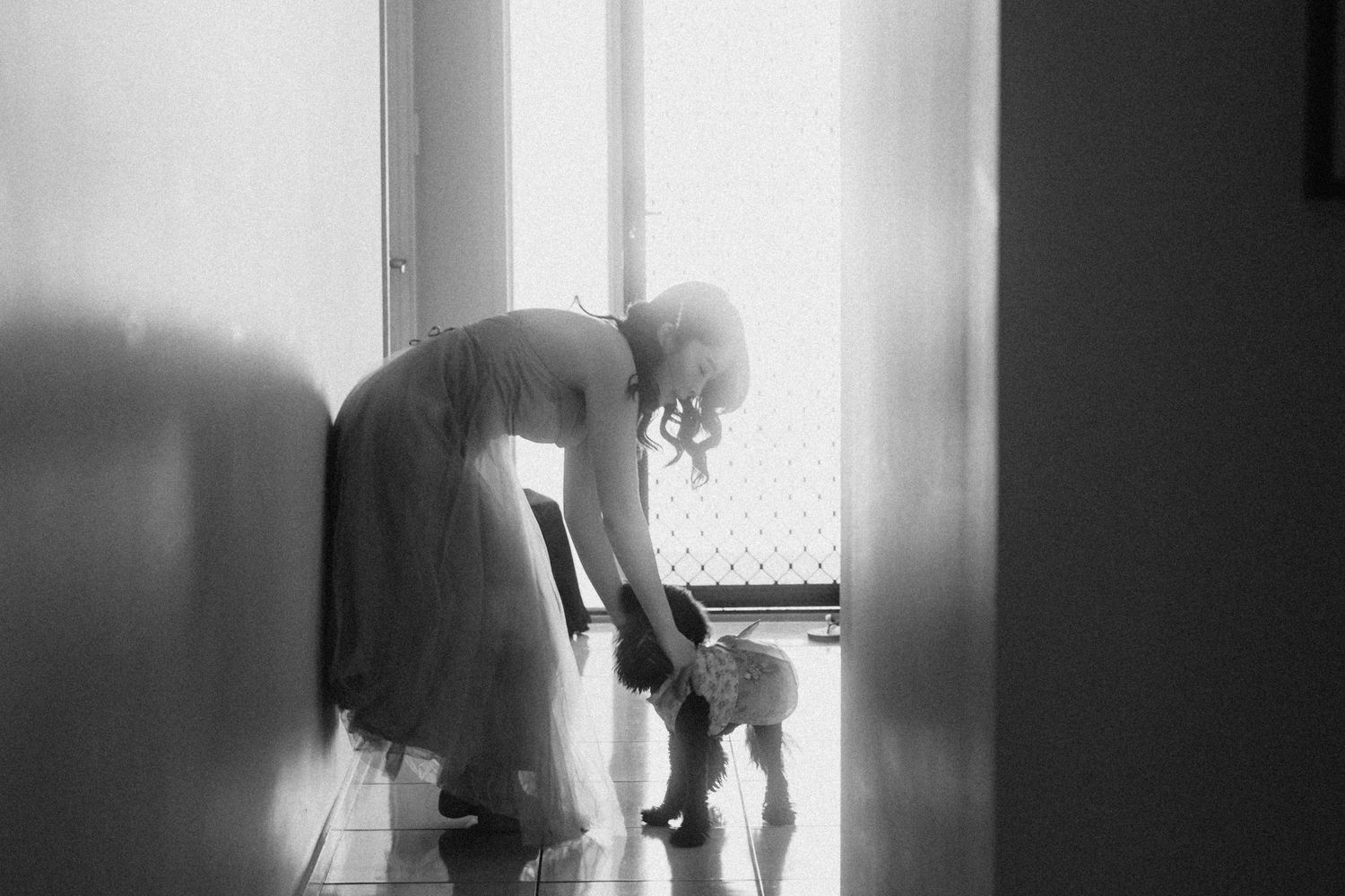 "Bride and groom with their dog at Gold Coast sunset wedding"