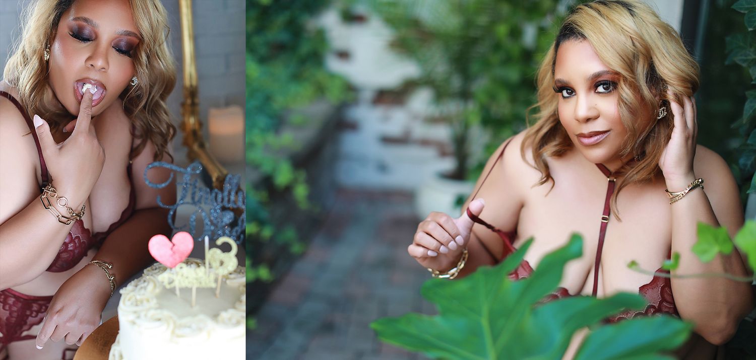Romantic outdoor boudoir portraits with birthday cake and garden setting.