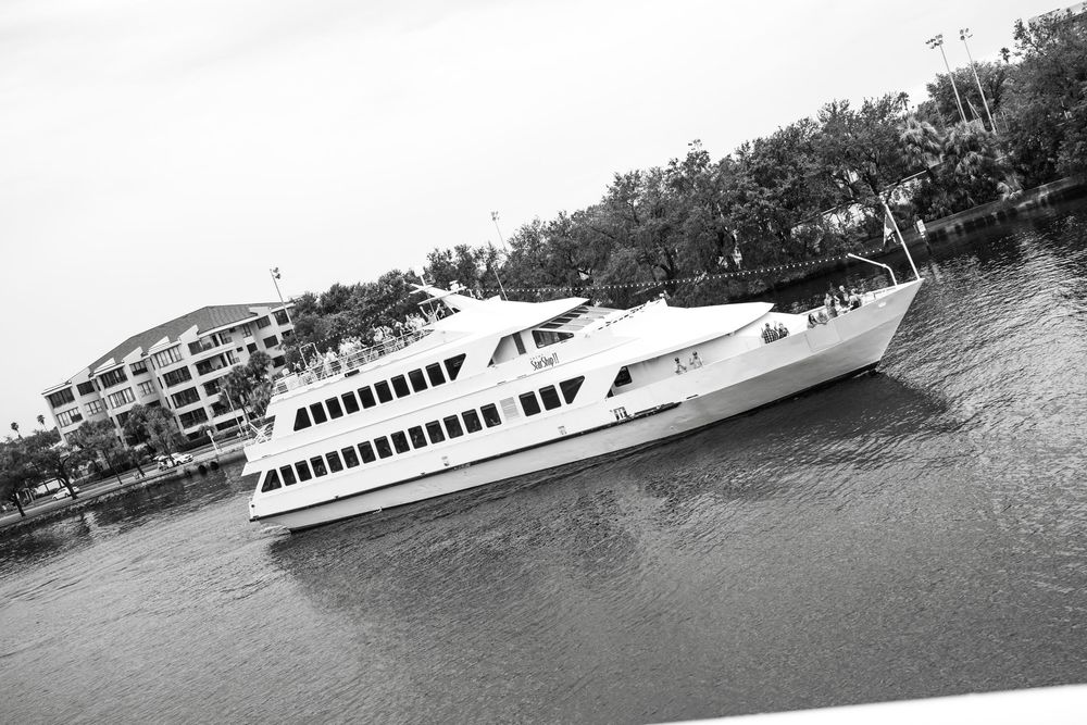 A sequence of vintage black and white photographs showing a passenger ferry boat cruising across calm waters. Micro wedding on Yacht StarShi