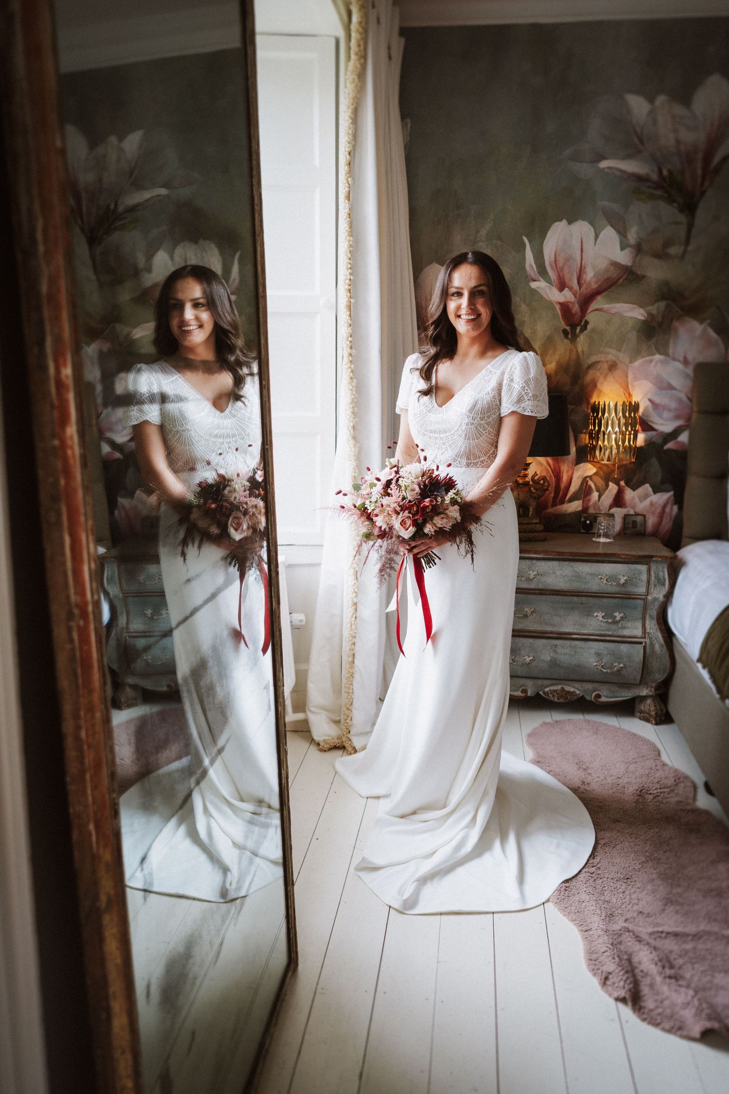 A sequence of artistic bridal portraits showing a white dress and bouquet against a vintage interior setting.