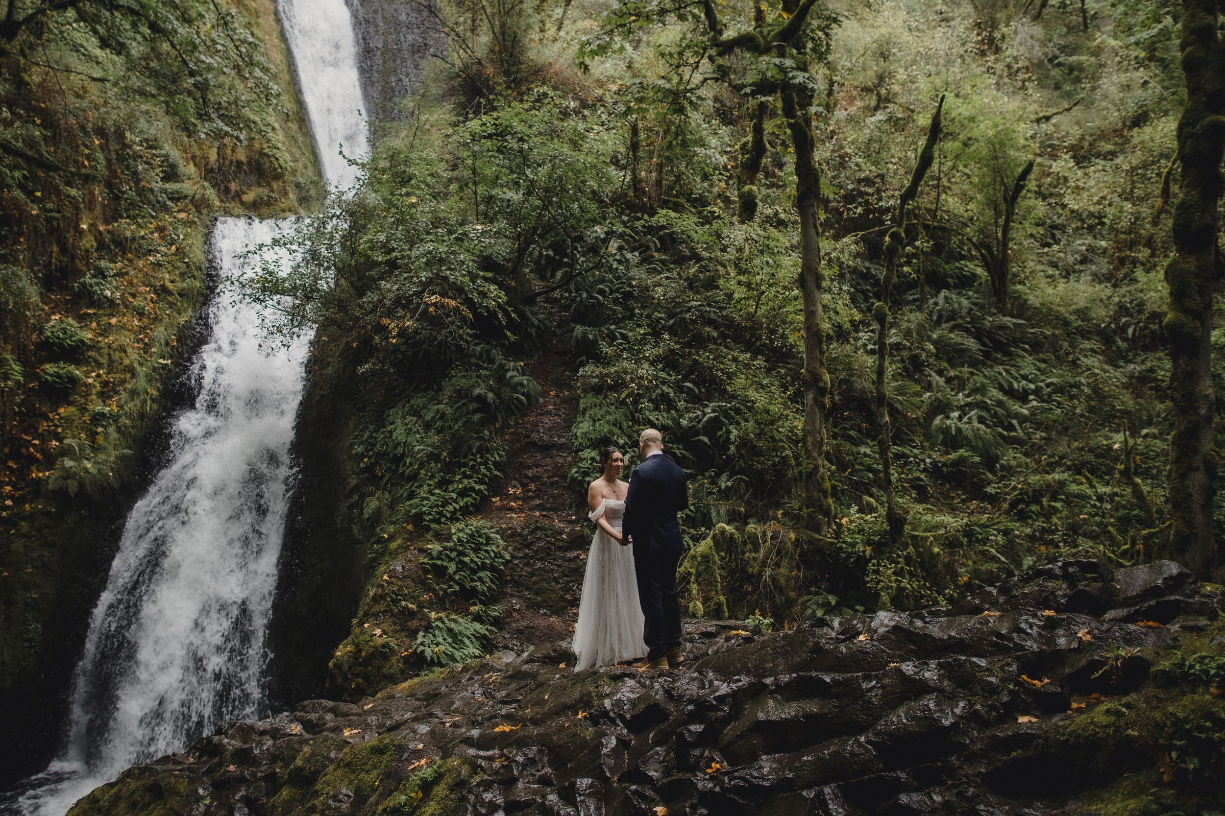 A scenic waterfall cascades down moss-covered rocks in a verdant forest landscape.
