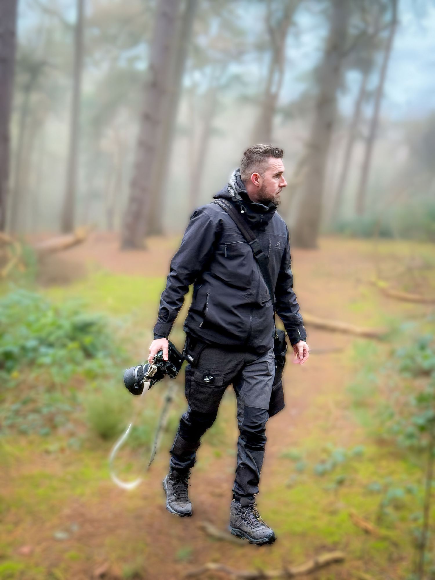 A sequence of photos showing a person in dark clothing performing a backwards roll maneuver on a misty forest trail.