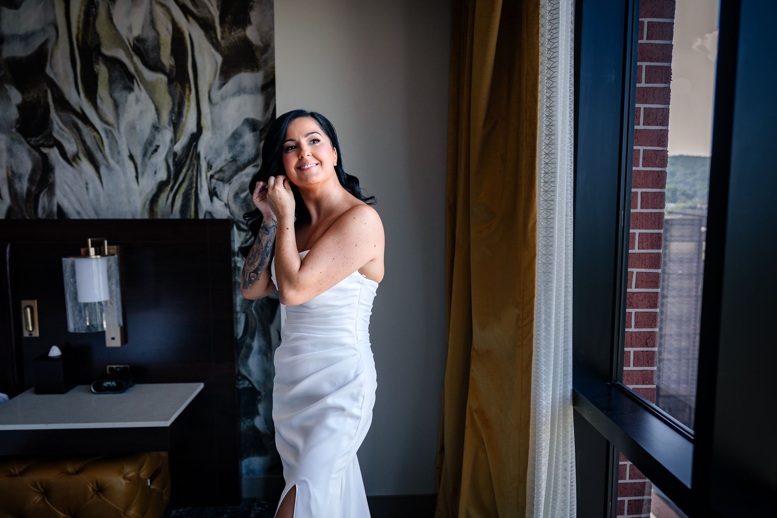 Elegant wedding preparations captured in dramatic lighting and composition.