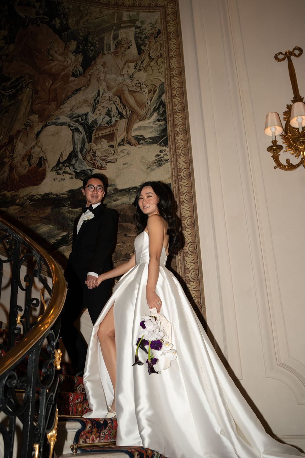 Ritz Paris iconic editorial flash photography. Ritz Paris stairs wedding photos.