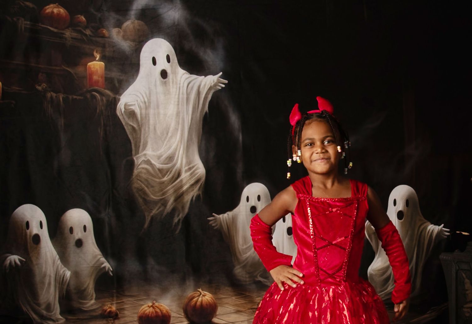 A spooky Halloween scene with ghost decorations, candles, and a person in a red dress surrounded by eerie smoke.