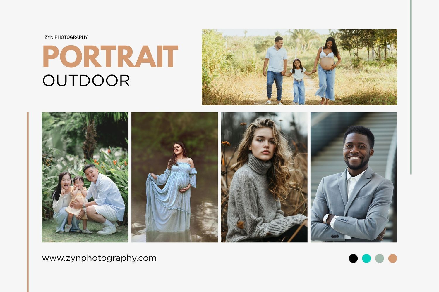 Portrait photography website banner displaying outdoor family and individual photo sessions.