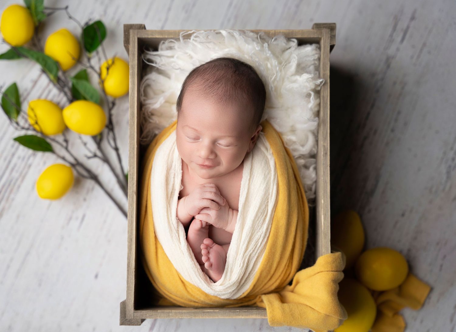 Miami Maternity photographer A sleeping newborn swaddled in yellow fabric lies in a wooden box surrounded by fresh lemons and greenery.