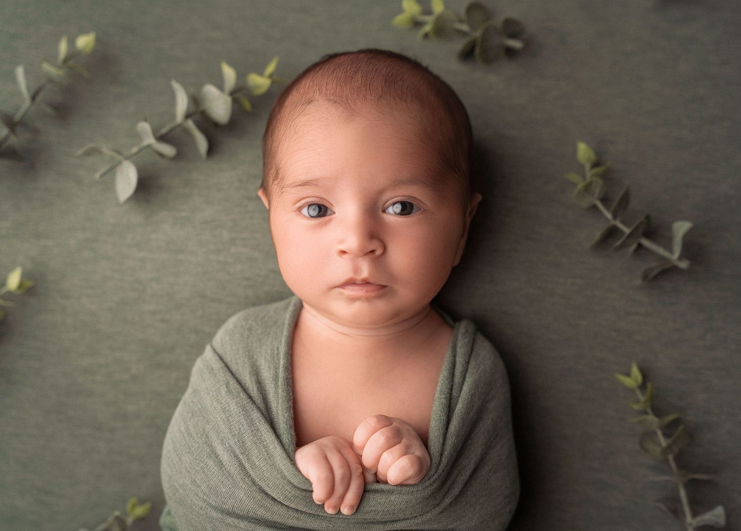 Miami Maternity photographer Baby wrapped in sage green swaddle lying on textured backdrop with eucalyptus leaves.