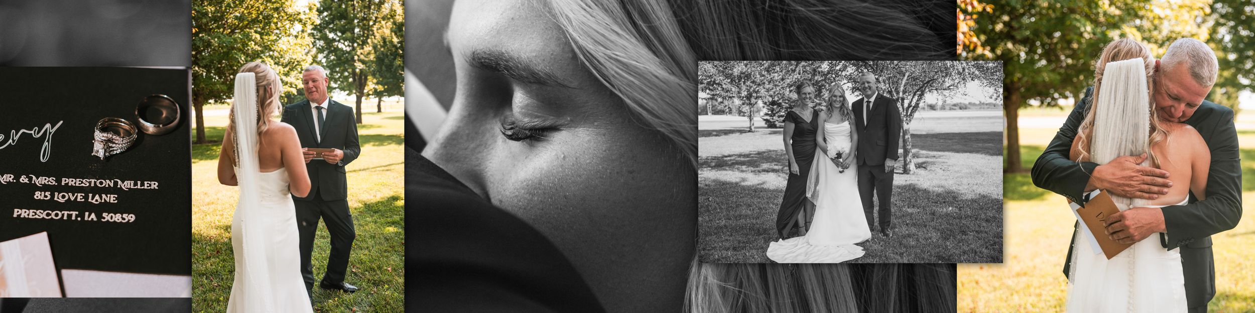 A collection of black and white and color wedding photos showing candid moments during a celebration.