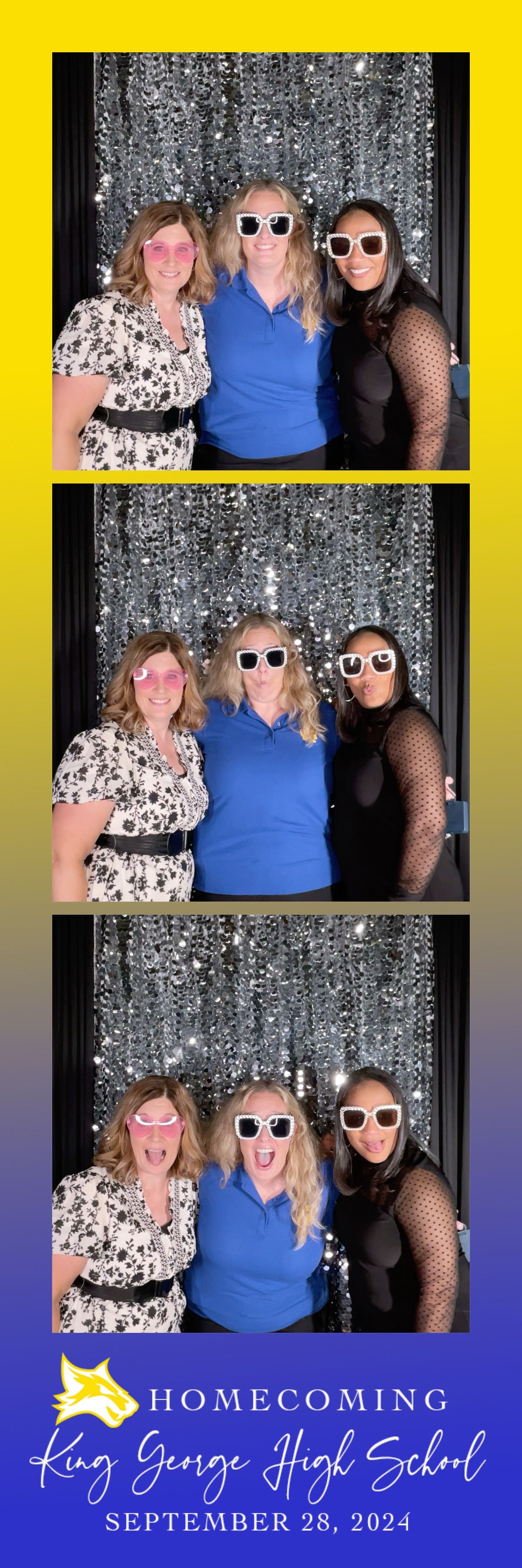 Photo booth strip with silver sequin backdrop and homecoming date for September 28, 2024.