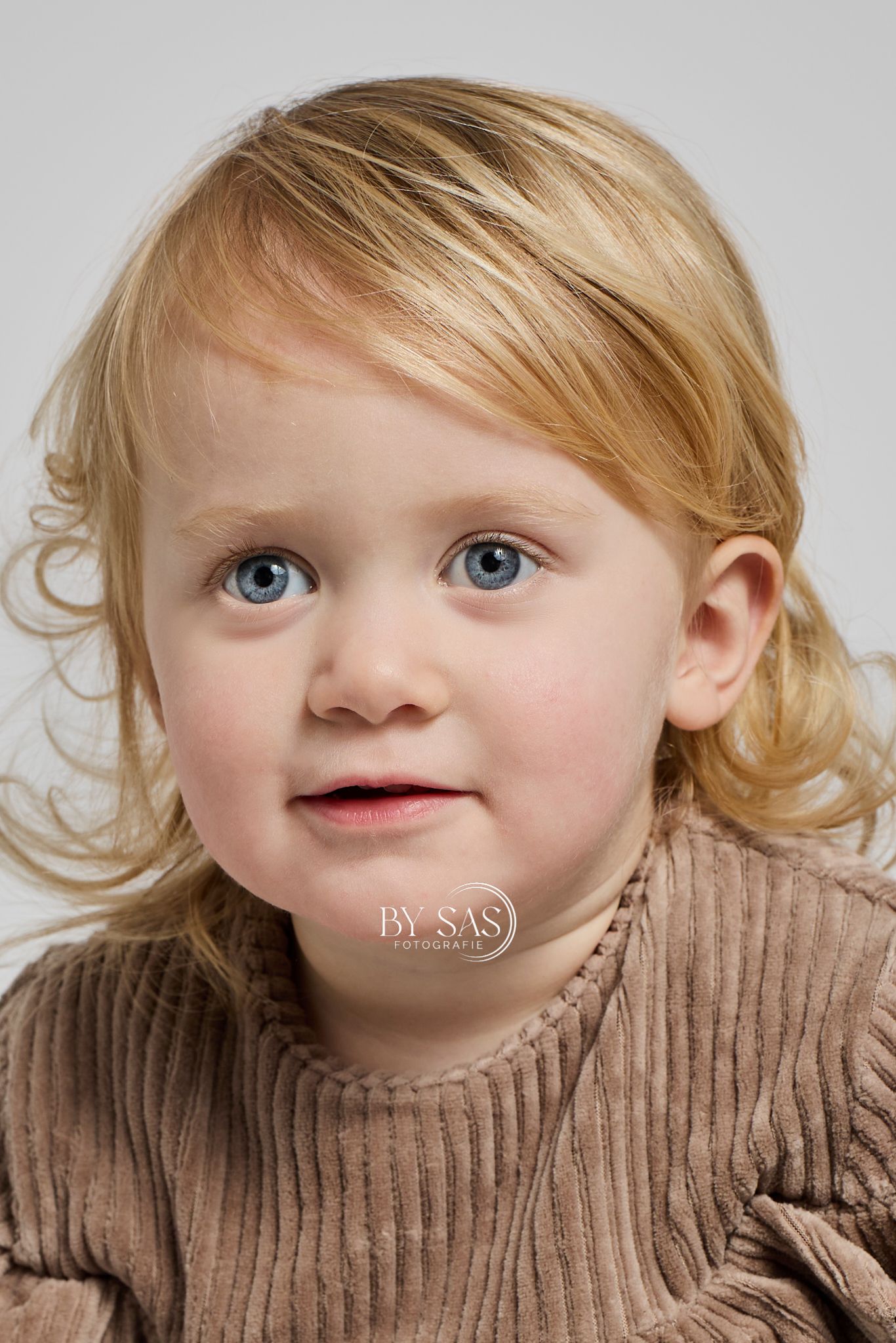 Portrait of a toddler girl with blonde hair and blue eyes wearing a brown ribbed sweater.
