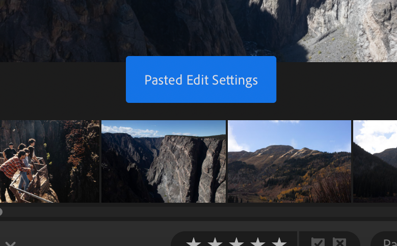 Photo editing interface showing landscape image thumbnails and settings menu against a mountain backdrop.