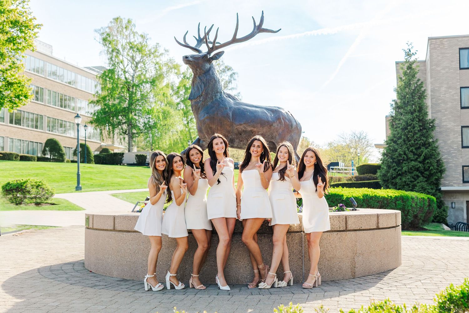 Fairfield University Graduation Photos Bellarmine Hall Stag Statue Fairfield Sign SeaGrape Senior Phots FairfieldGrads Group Friend Photos