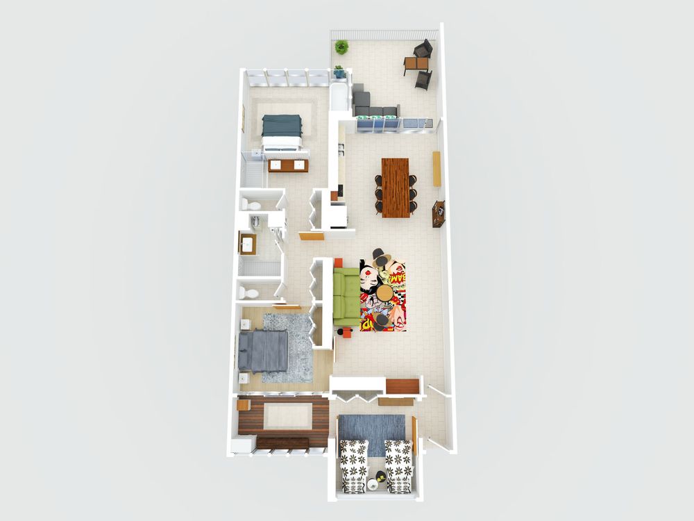 Top-down architectural floor plan showing living spaces with furniture layout and room dimensions in white background.