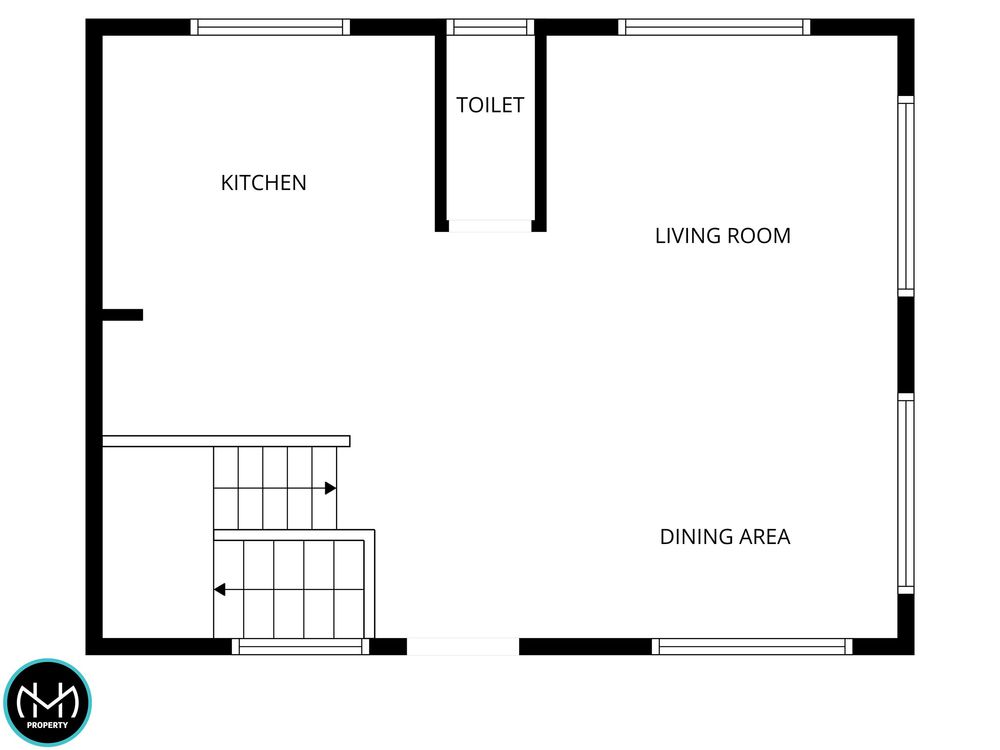 Black and white architectural floor plan showing layout of living room, dining area, kitchen, and bathroom with dimensions.
