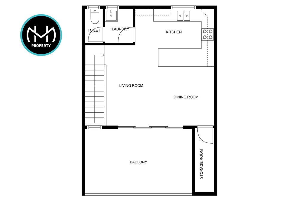 Black and white floor plan showing a studio apartment layout with kitchen, living room, bathroom, and balcony spaces.