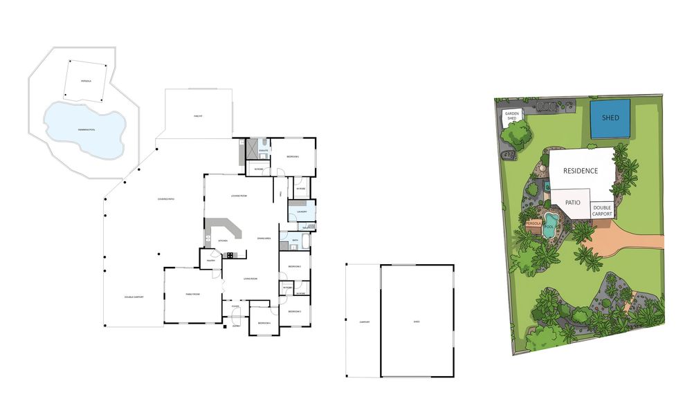 Architectural floor plan and site layout showing house design with detailed interior spaces and landscaped property view.