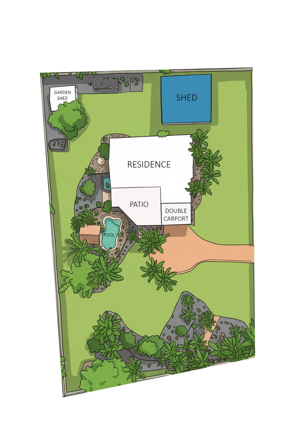 Landscape design plan showing a residence with patio, shed, and garden layout featuring trees and outdoor living spaces.
