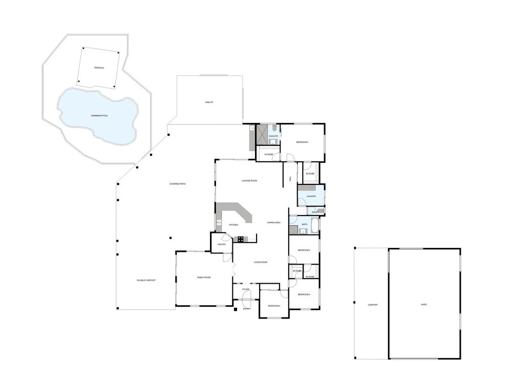 Architectural floor plan showing a detailed layout with multiple rooms, hallways, and a separate garage structure.