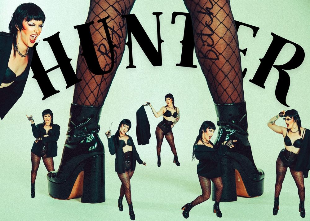Collage of a woman in fishnet tights and platform boots posing dynamically with bold HUNTER text overlay.