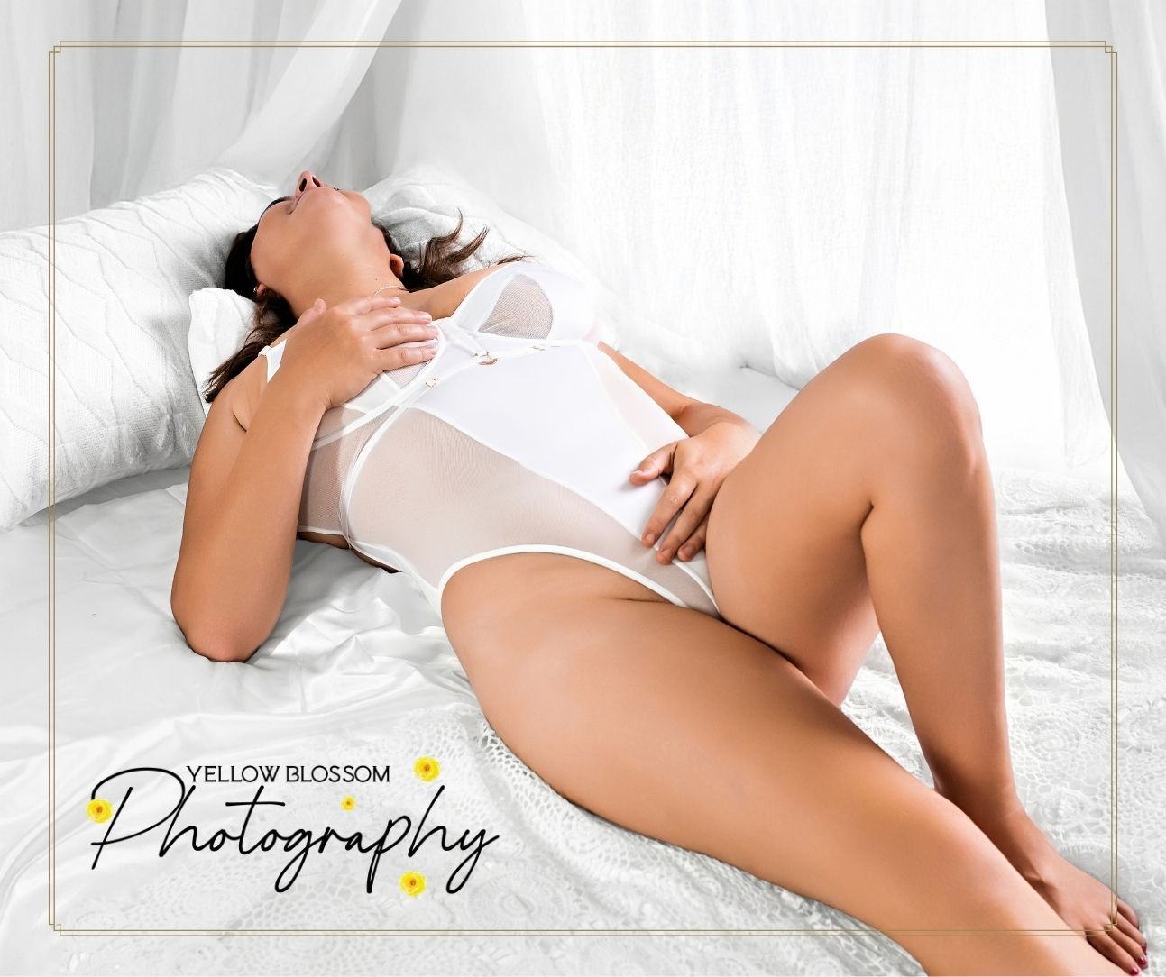 Artistic boudoir photo collage showing three poses of a person in white lingerie on white bedding.
