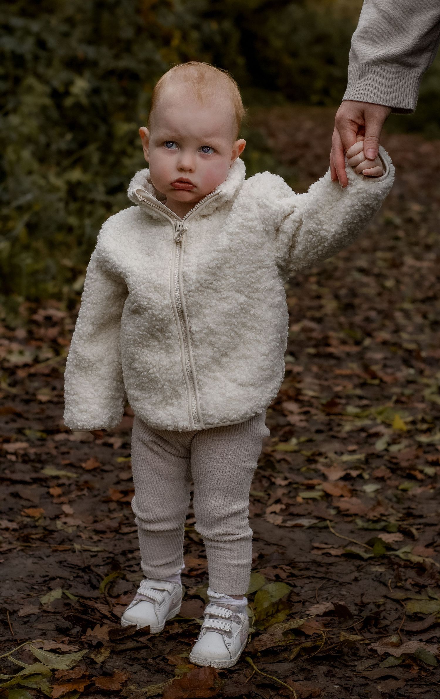 Toddler holding parent’s hand in golden autumn light during a family photo session in Derbyshire.