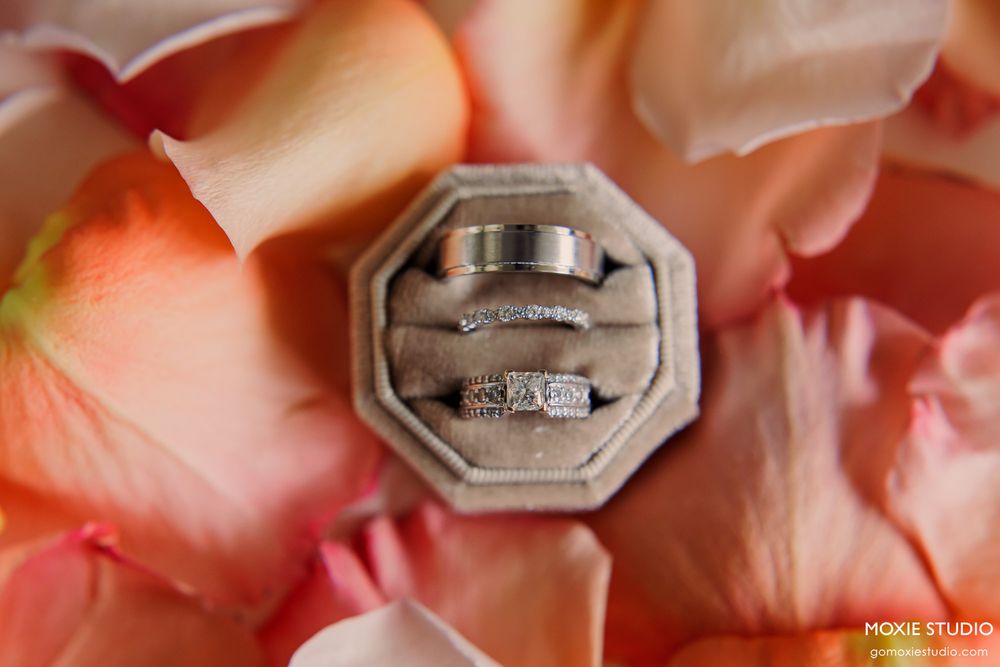 Wedding rings displayed in a velvet octagon box surrounded by pink flower petals.