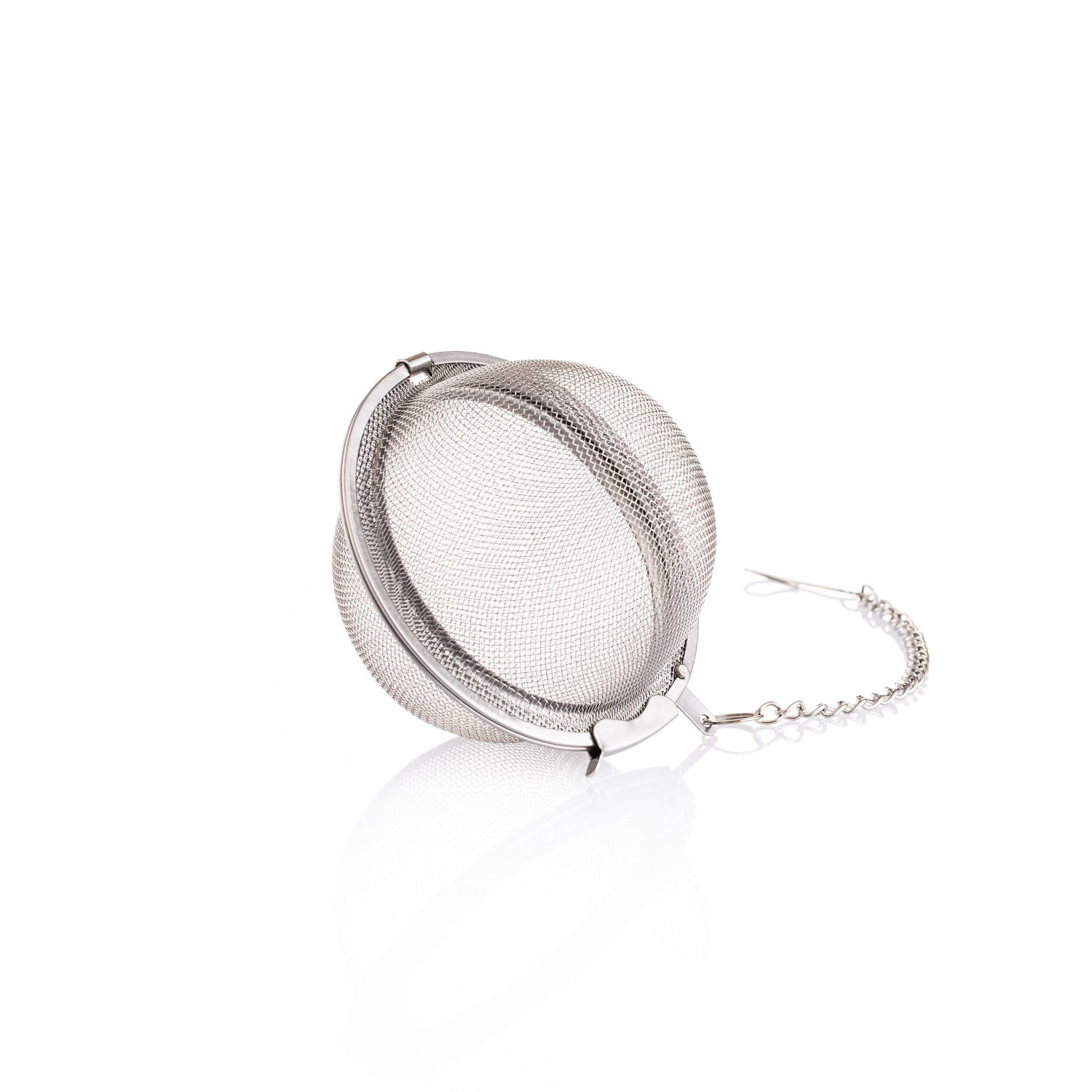 Stainless steel mesh tea ball infuser with hinged closure and chain, perfect for loose leaf tea brewing.