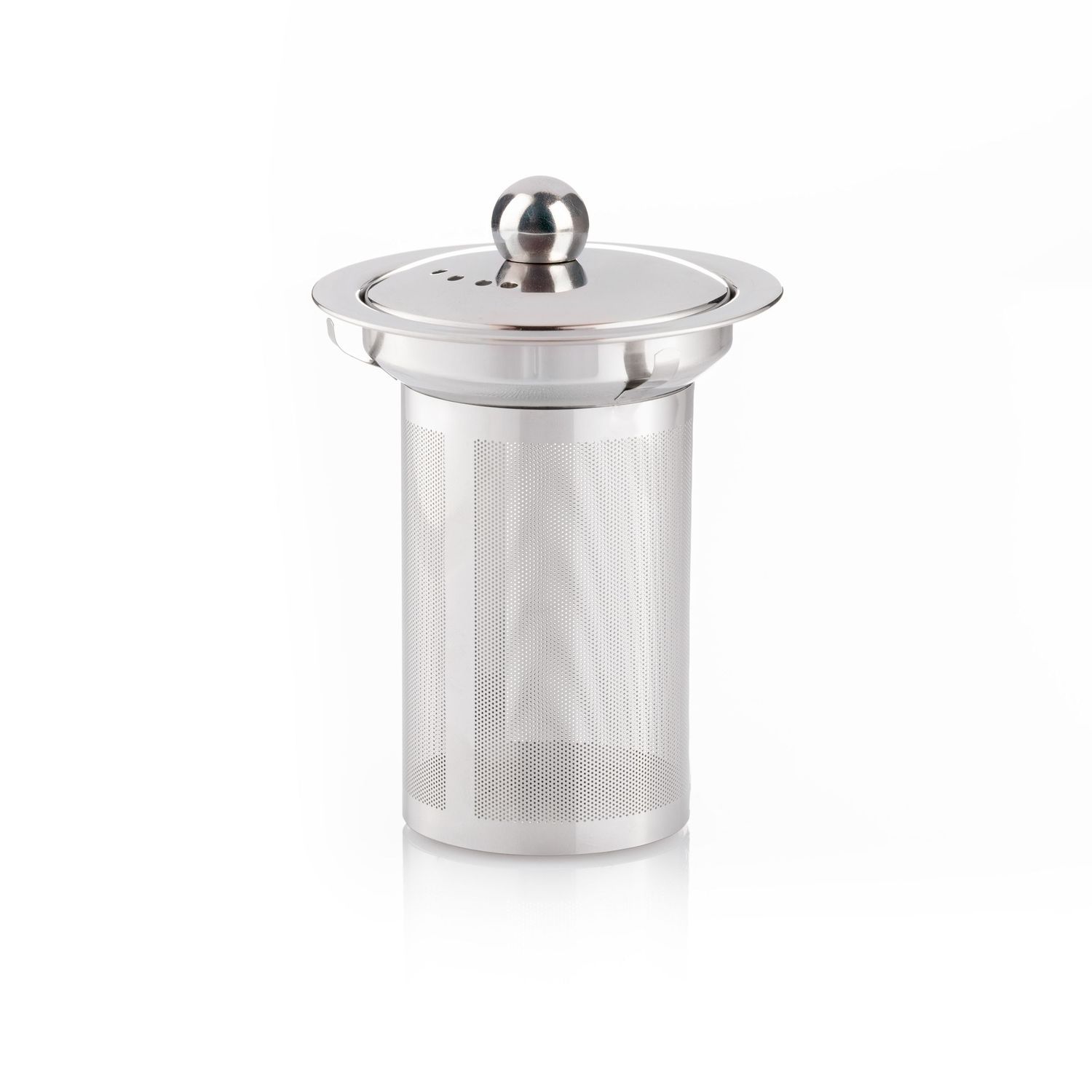 Stainless steel cylindrical tea infuser with fine mesh filter and ball-top lid on white background.
