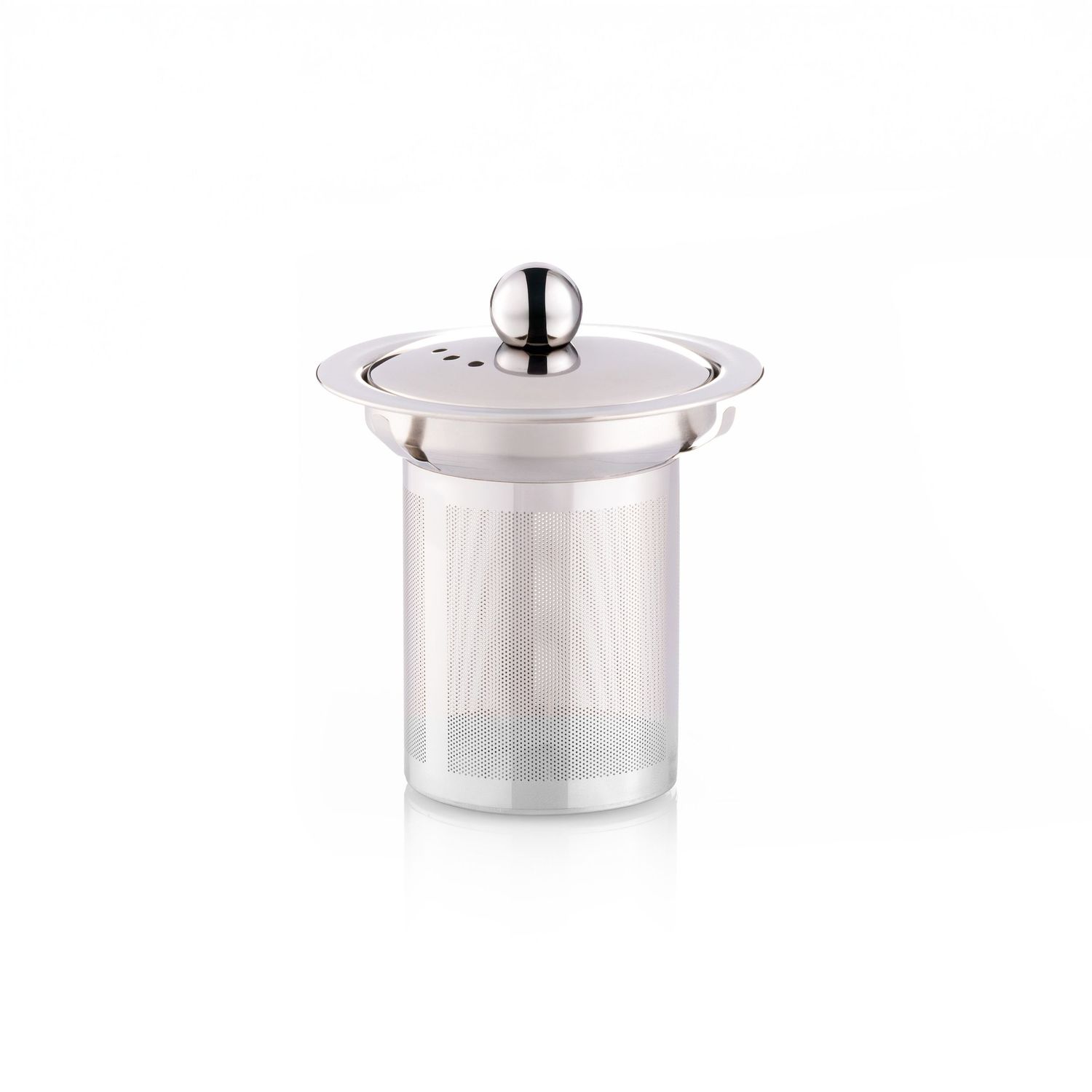 Polished stainless steel cylindrical tea infuser with mesh body and round knob lid on white background.