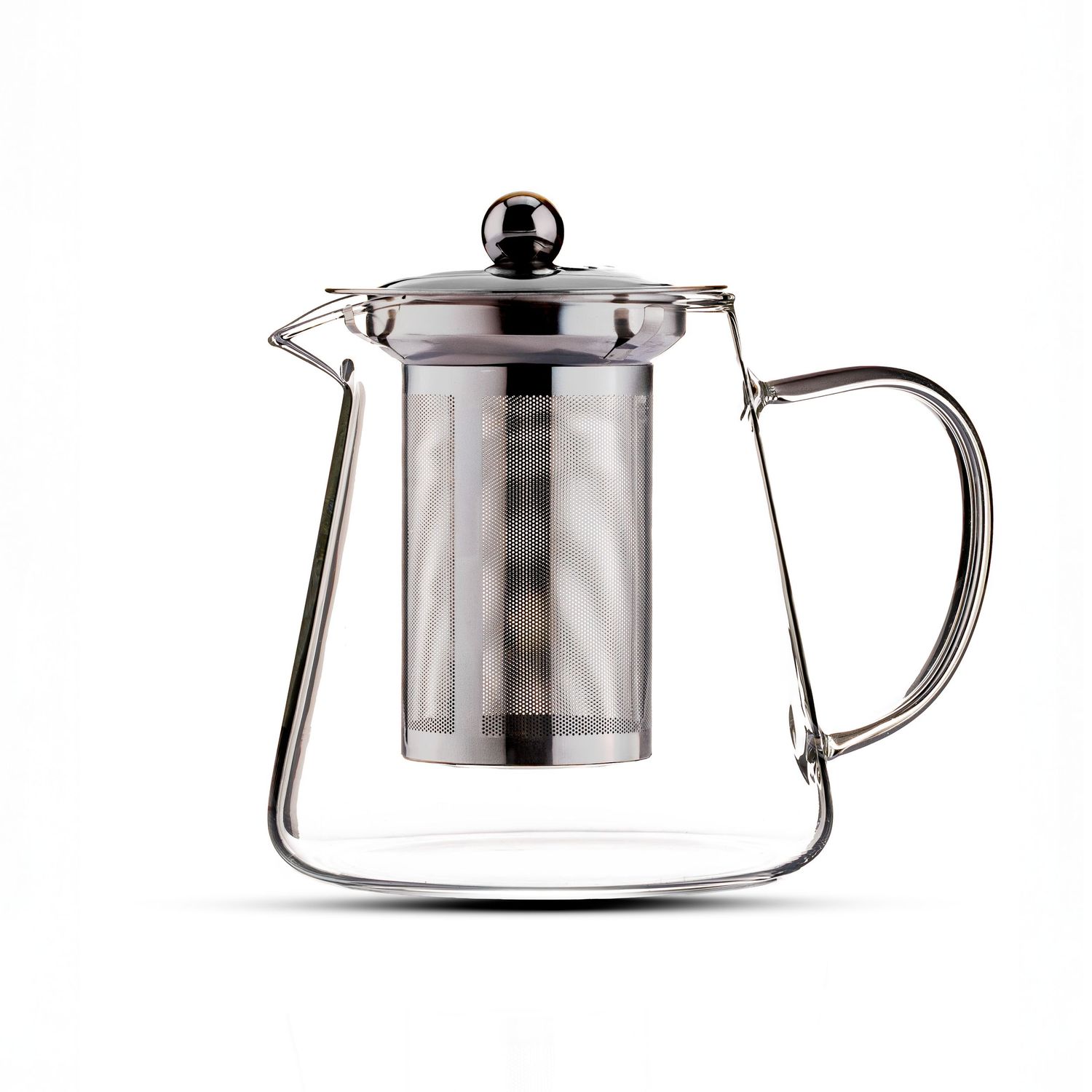 Clear glass teapot with stainless steel infuser basket and lid, perfect for brewing loose leaf tea.