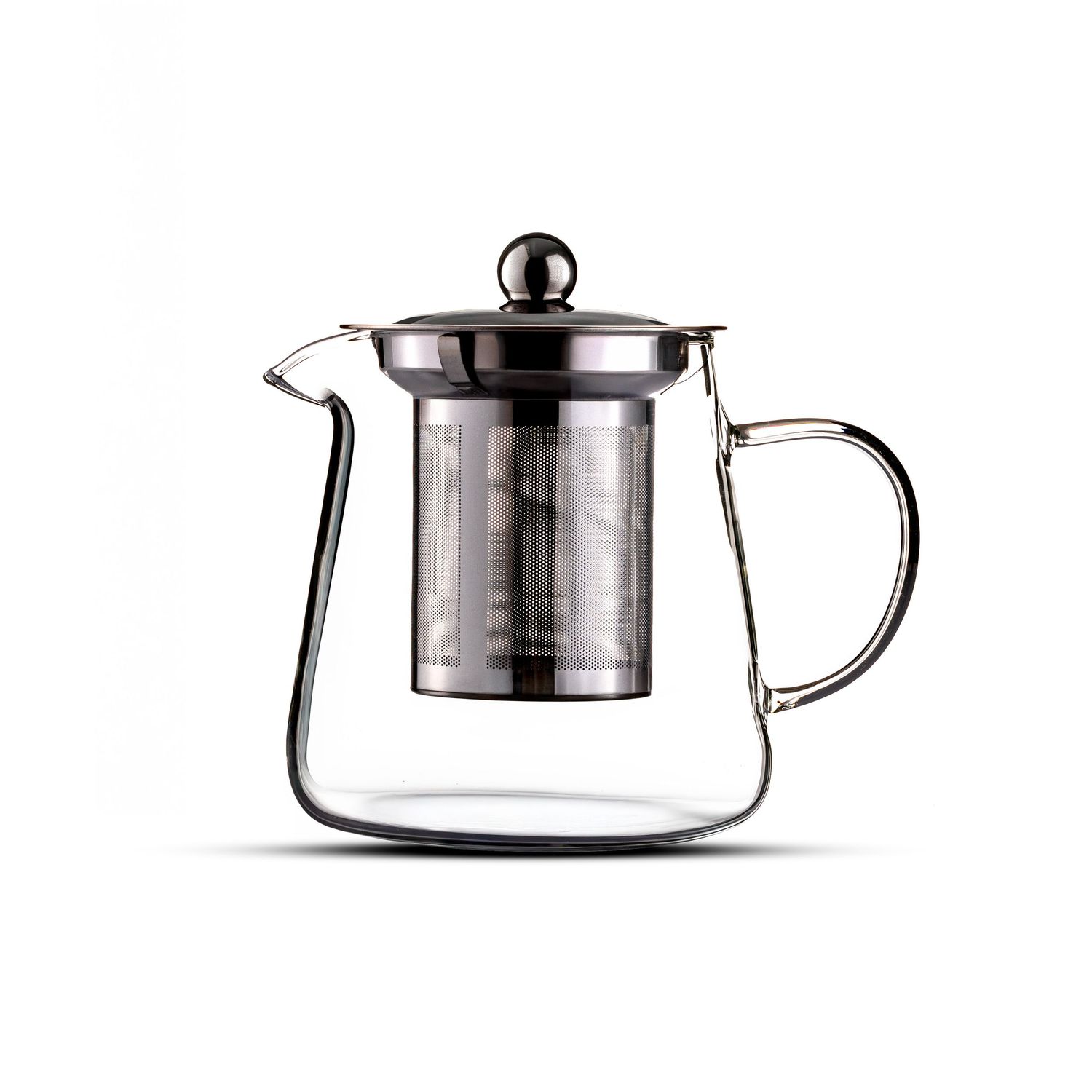 Clear glass teapot with stainless steel infuser basket and lid, perfect for brewing loose leaf tea.