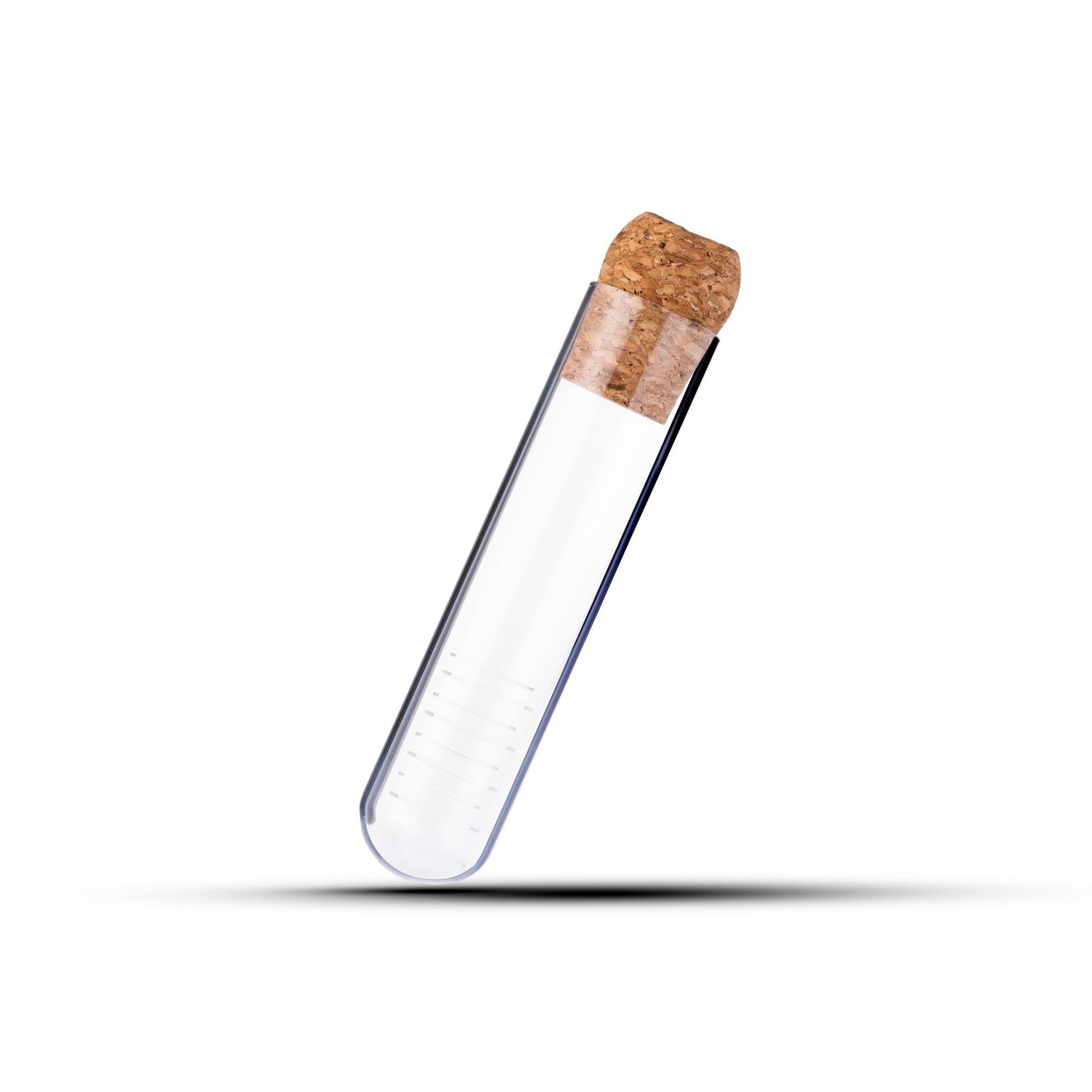 Clear glass test tube with a natural cork stopper, isolated on white background, perfect for science or storage.