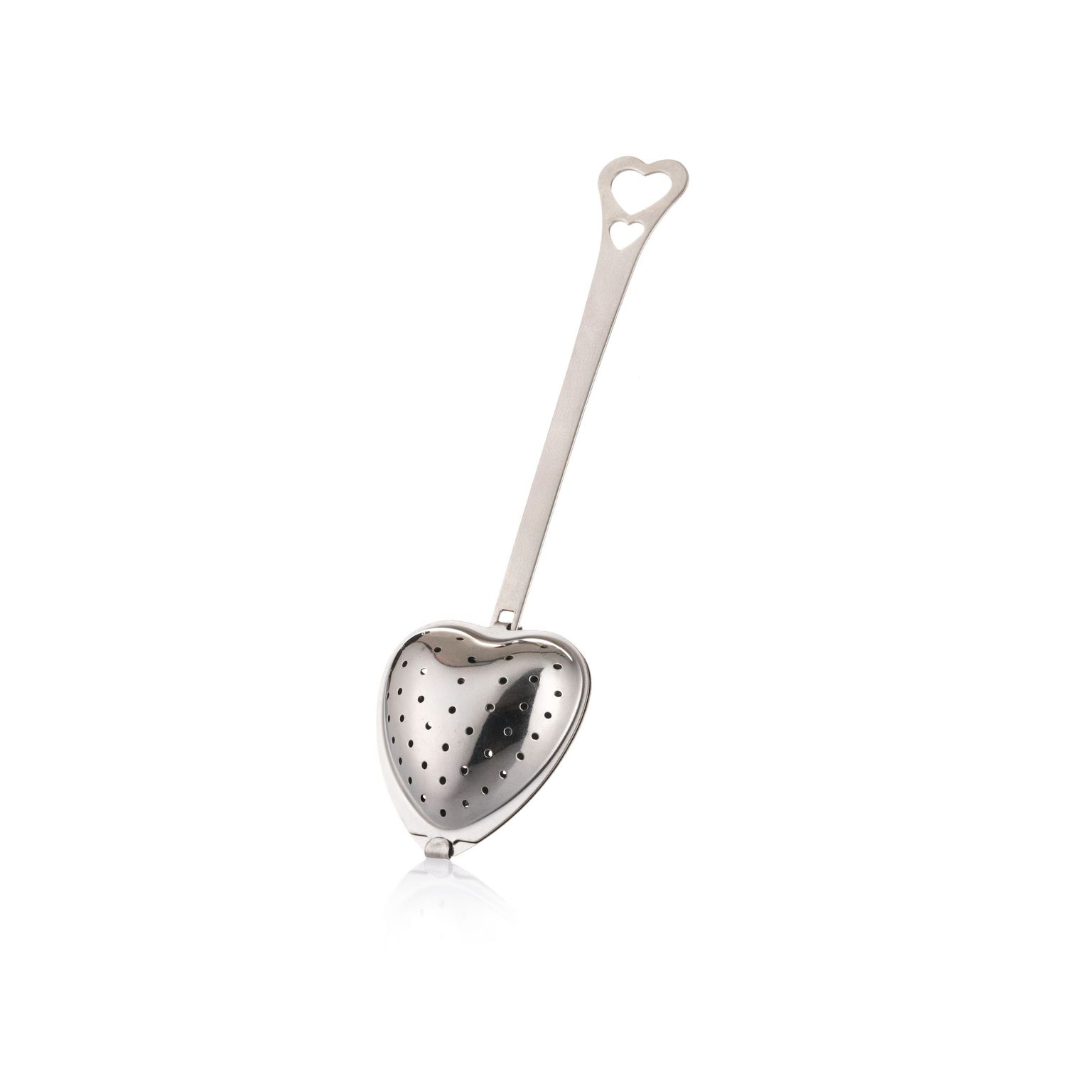 Stainless steel heart-shaped tea infuser with long handle featuring a heart cutout, perfect for loose leaf tea brewing.