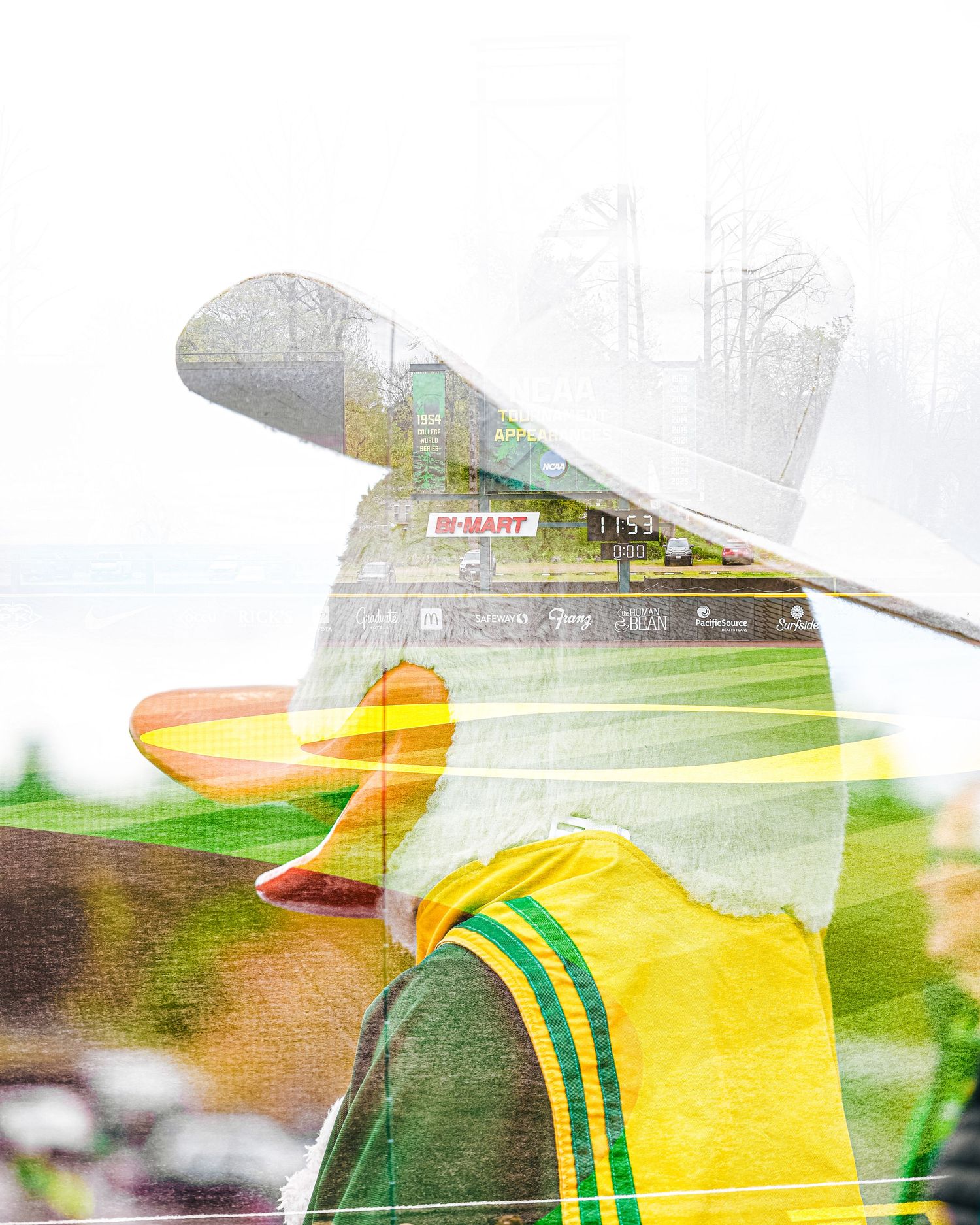 Double exposure photo of a golfer in yellow-green attire with a white hat, overlaid with a rainy outdoor scene.