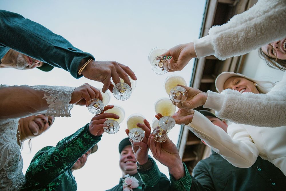 Wedding party toasting with crystal glasses outdoors at a mountain celebration.