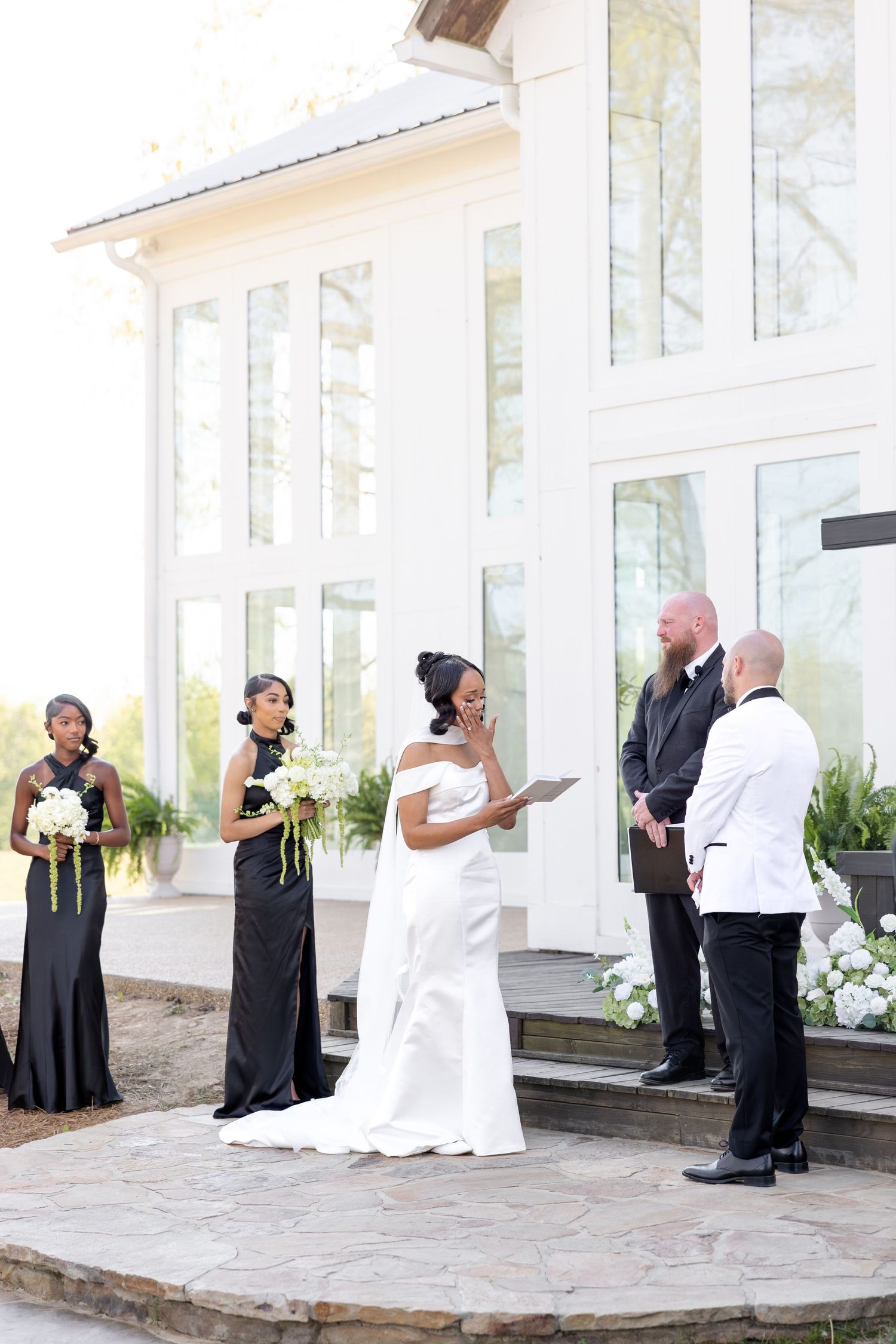 Light and airy wedding photos at The Glass House near Huntsville, Alabama capturing joyful, timeless moments of a bride and groom