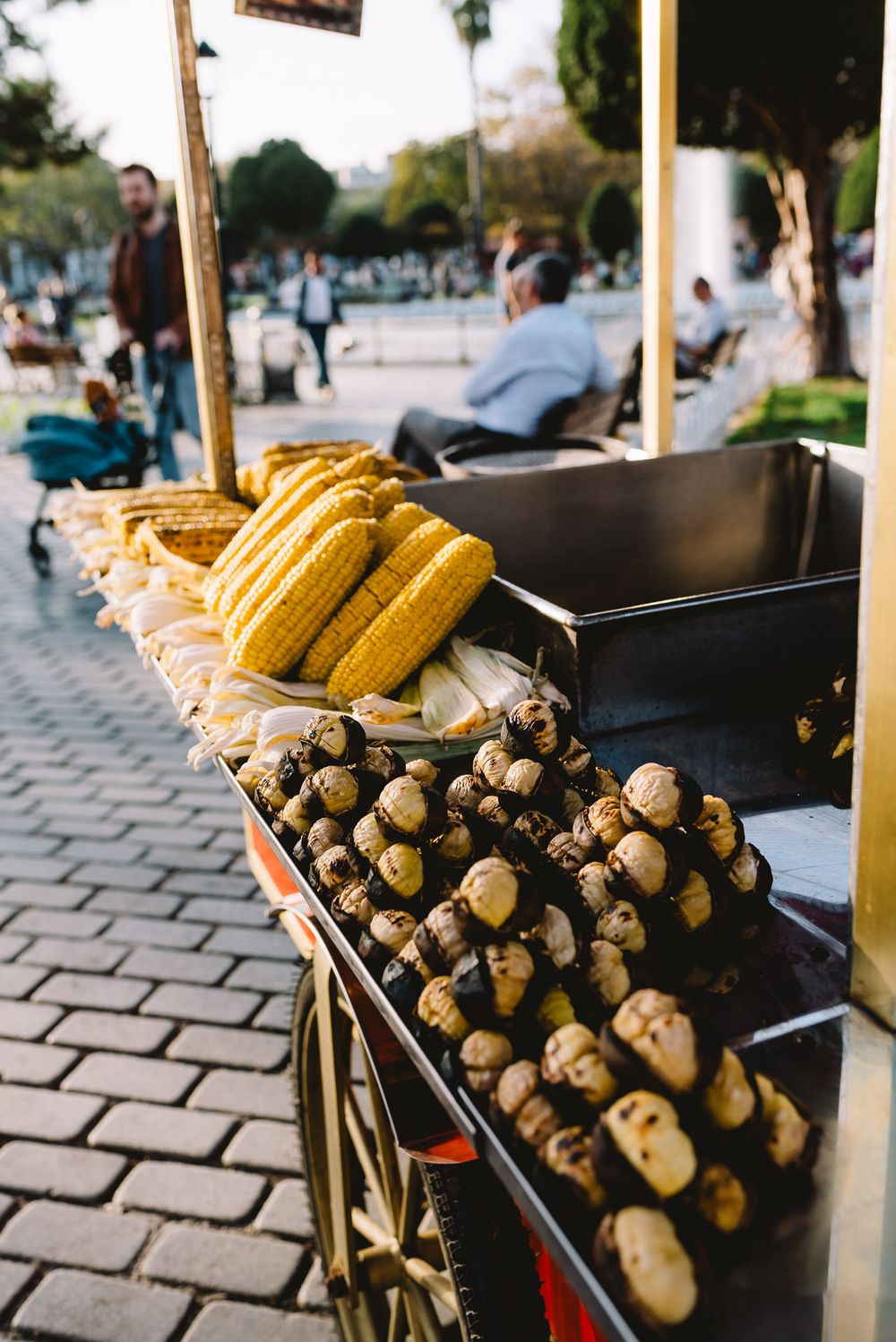 Street food cart selling grilled corn and roasted chestnuts on cobblestone plaza in Istanbul, Turkey.