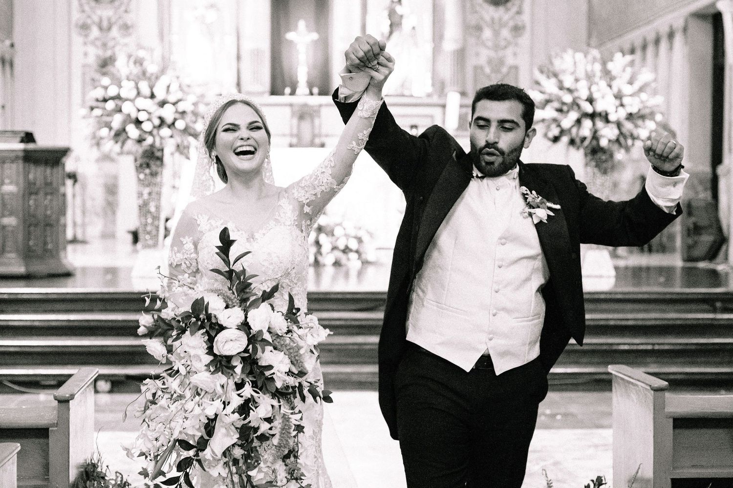 Black and white photo collage showing joyful wedding celebration moments with hands raised in celebration.