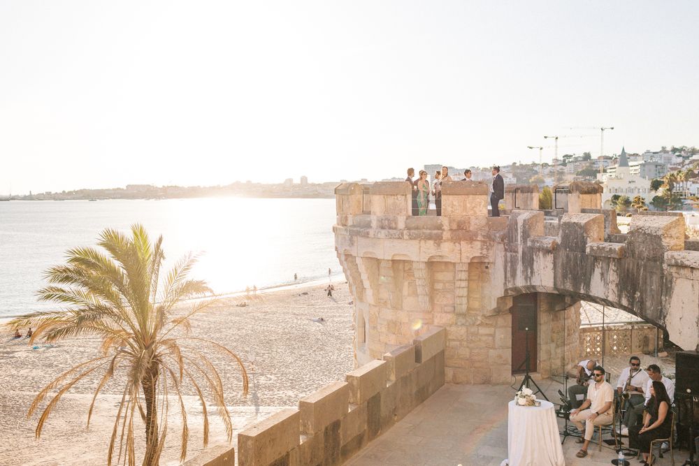 Aerial perspective of wedding venue by the sea in Portugal