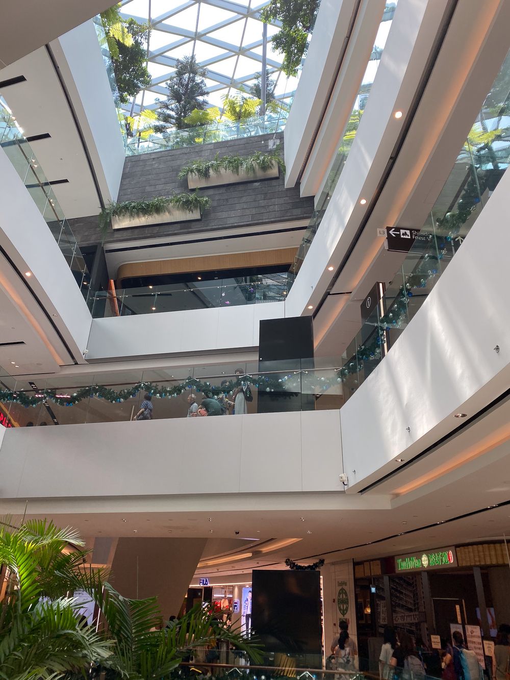 Changi Jewel, Singapore. Multi-level shopping mall interior with glass ceiling skylight, green plants.