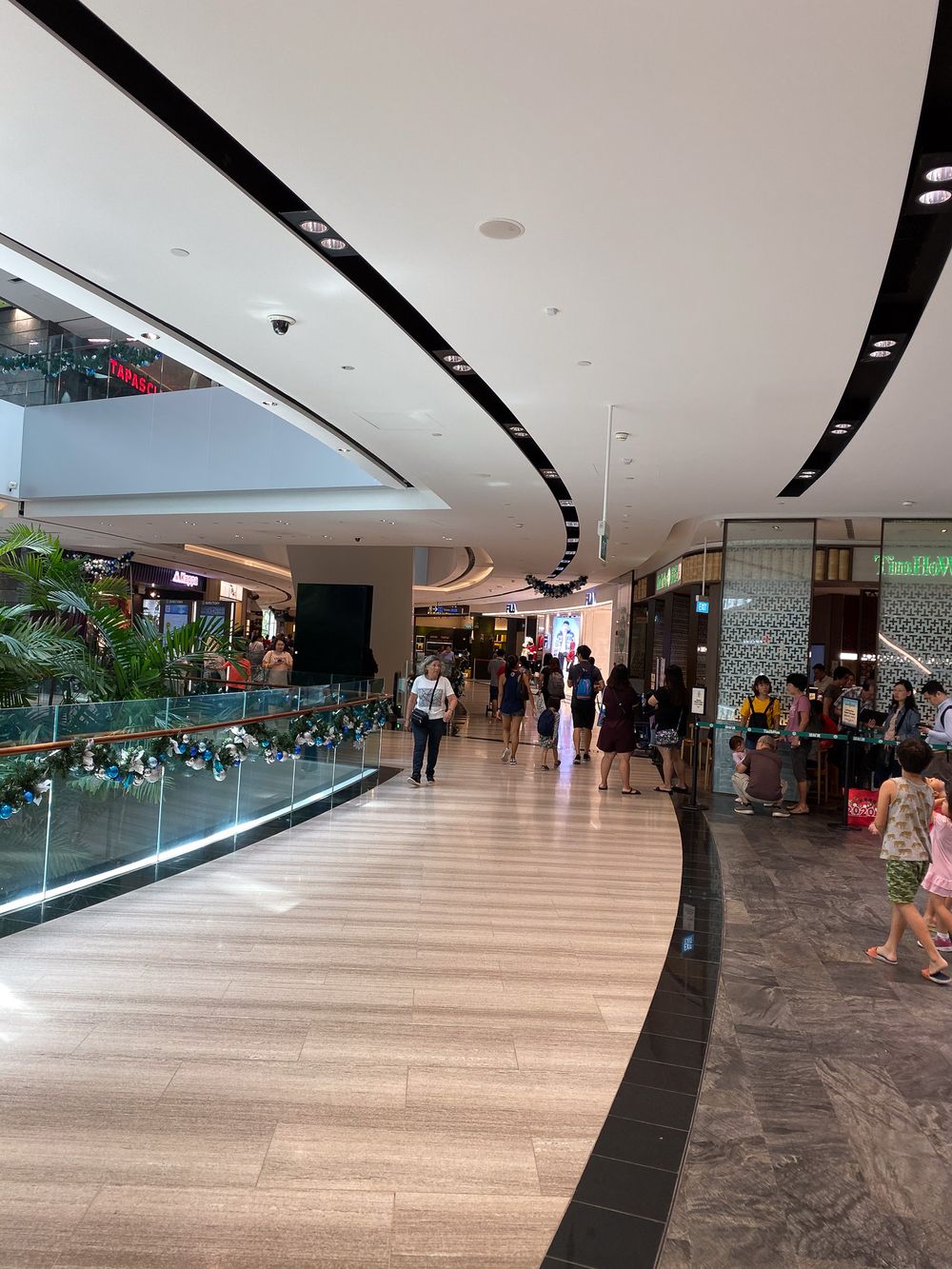Curved modern shopping mall corridor with wooden floors, glass railings, tropical plants, and retail stores in background.
