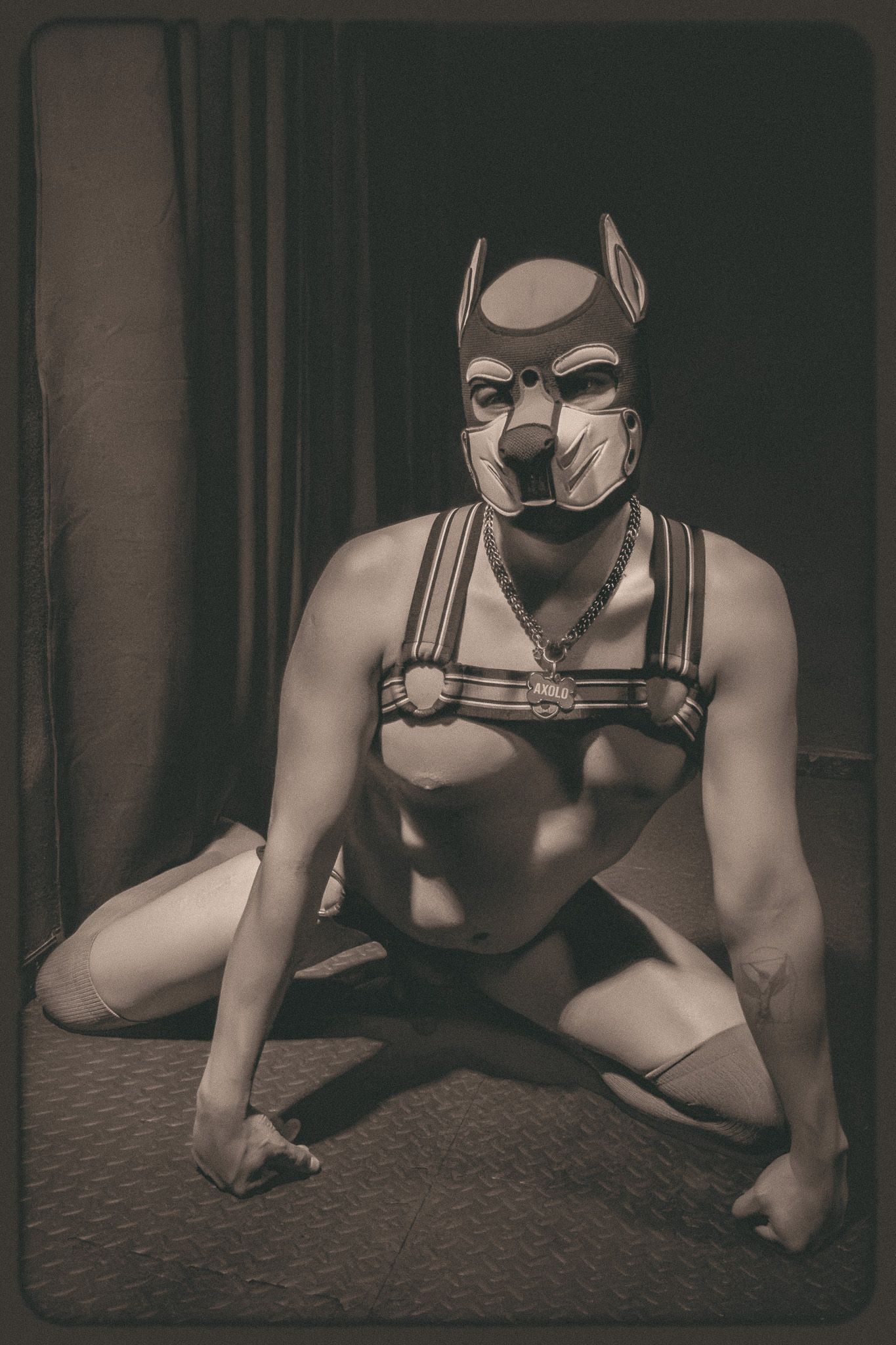 Hombre en sesión fotográfica blanco y negro con estética lúdica pup play en CDMX, por Photo Iconiq