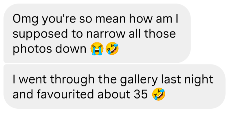 Two text messages discussing narrowing down photos, with the sender having favorited about 35 images from a gallery.