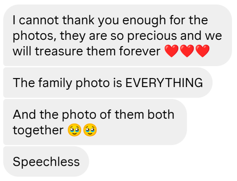 Client testimonial praising precious family photos, calling the family photo everything and left speechless by siblings together.