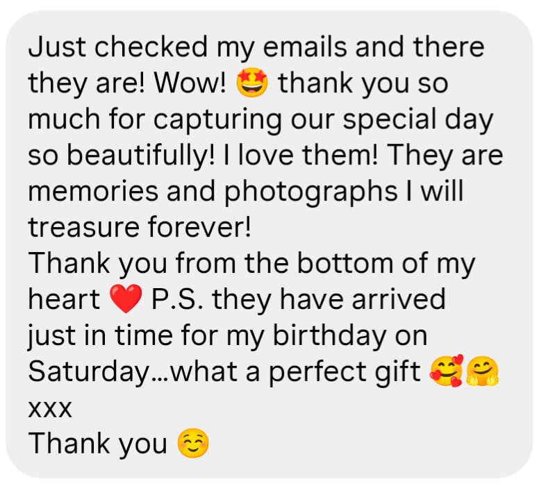 A heartfelt customer review praising beautiful photography, cherishing memories, and noting perfect birthday timing with emojis and xxx.