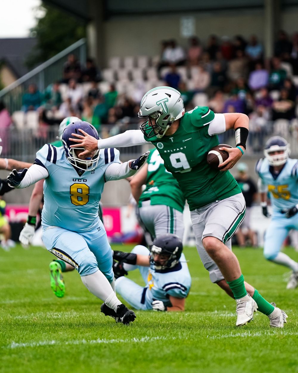 American Football Championship Finals of the Shamrock Bowl between Belfast Trojans and UCD at Dubarry Park, Athlone on the 19th July, 2025.