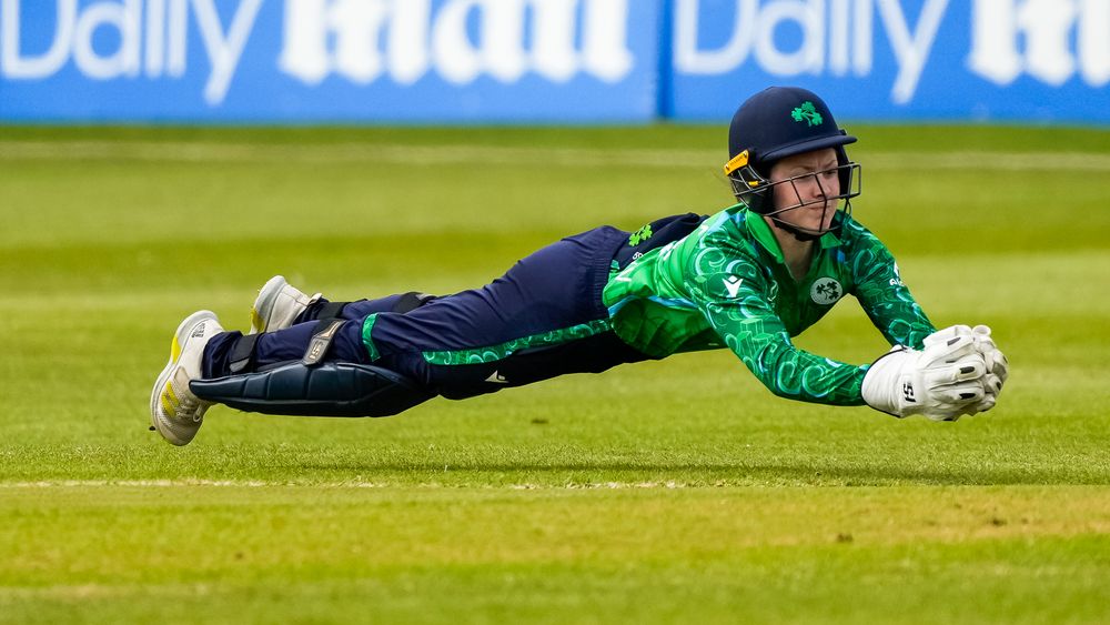 Ireland Wicketkeeper Christina Coulter Reilly takes a diving catch to take the wicket of Quiana Jospeh of West Indies.